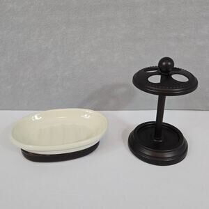 Ceramic & Bronze Oval Cream Soap Dish with Bronze 4 Hole Toothbrush Holder